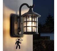 Applique Murale Extérieure avec Détecteur de Mouvement E27 Vintage Noir | Lumière avec Abat-Jour en Verre, Corps en Aluminium, Étanche IP44, sans Ampoule - Lampe pour Jardin, Terrasse, Balcon et Mur