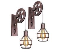 Applique Murale Industrielle Poulie Design Suspension Luminaire Vintage Métal en forme Cage Noir Rétro E27 Lampe de Mur Loft Corde Ajustable (Rouille rouge -2pcs)