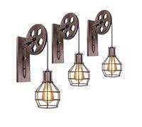 Applique Murale Industrielle Poulie Design Suspension Luminaire Vintage Métal en forme Cage Noir Rétro E27 Lampe de Mur Loft Corde Ajustable (Rouille rouge -3pcs)