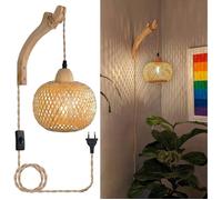 Applique Murale Intérieur Bois Vintage Lampe Murale avec Prise et Interrupteur, E27 Rétro Lanterne en Bambou, Lampe de Chevet