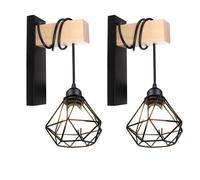 Applique Murale Intérieur Industrielle Vintage Loft COUNT, 2pcs Rétro Applique Cage en Métal Noir et Bois Pour Salon Bar Café