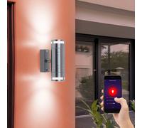 Applique murale d'extérieur intelligente contrôlable via une application pour téléphone portable Langue Spots haut-bas en acier inoxydable dans un ensemble comprenant des lampes LED RVB