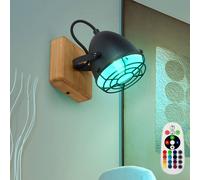 Applique Lampe de chambre à coucher Lampe de lit Rétro Lampe de lecture en bois Lampe de salon avec spot mobile, métal, télécommande à intensité variable, 1x RGB LED 4,8W 470Lm blanc chaud, LxH 20x20