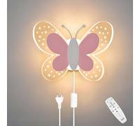 Applique Murale LED Interieur avec Interrupteur Lampe Murale Papillon Intensité variable avec télécommande Applique de Chevet Moderne Rose pour Garçons et Filles Éclairage Mural avec 3 Température