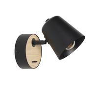 Applique Murale LIMA E27 Orientable avec Interrupteur Métal Noir et Bois Style Scandinave Moderne