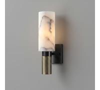 Applique Murale Moderne Et Luxueuse Aspect Albâtre, Abat-Jour Cylindrique Haut, Base En Métal Noir Et Détails En Laiton, Douille E14 Câblée, Éclairage Décoratif Pour Salon, Chambre, Couloir.