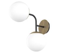 Applique murale moderne, structure en métal noir et laiton, abat-jour en verre blanc, 2 ampoules E27