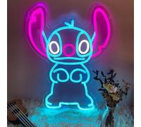 Applique murale néon à DEL pour Stitch - Bleu et rose - Intensité variable - 40,6 x 31,8 cm - Alimentée par USB - Décoration de chambre de fille - Cadeau de Noël ou d'anniversaire