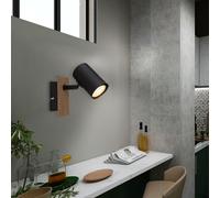Applique murale orientable Spot mural en bois Salon Applique murale noire Couloir, MDF métal, douille GU10, LxlxH 15,1x6x13,4 cm