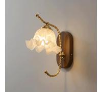 Applique Murale Style Crème Française, Luminaire Mural En Chêne Massif, Lampe Murale Vintage En Fer Avec Abat-Jour En Verre Dépoli À Volants, Applique Élégante Pour Chambre, Salon, Couloir, Table de C