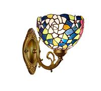 Applique Murale Tiffany en vitrail Rose Rouge de 20 cm, Style Rustique Victorien, idéale pour Le Salon ou la Salle de Bain, Douille E27 à Perles ambrées crème.