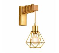 Applique Murale Vintage en Bois Naturel E27 - Abat-jour Cage Doré avec Douille Suspendue pour Salon ou Chambre