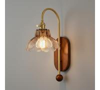 Applique Murale Vintage Européenne, Base En Chêne Massif, Bras En Métal Et Abat-Jour En Verre, Douille E27, Finition Laiton Rustique, Idéale Pour Chambre, Salon, Couloir Ou Entrée (22 Cm / 8,66 Po)./2