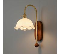 Applique Murale Vintage Européenne, Base En Chêne Massif, Bras En Métal Et Abat-Jour En Verre, Douille E27, Finition Laiton Rustique, Idéale Pour Chambre, Salon, Couloir Ou Entrée (22 Cm / 8,66 Po)./2