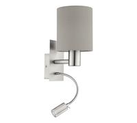 Eglo Lampe murale LED PASTERI, applique murale en textile à 2 flammes, matériau : acier, tissu, couleur : nickel mat, taupe, douille : E27, avec interrupteur et lampe de lecture flexible