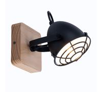 Applique salon applique murale salle à manger lampe industrielle, métal noir bois aspect grille naturelle, spot mobile E14, H 20,5 cm