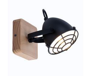 Applique salon applique murale salle à manger lampe industrielle, métal noir bois aspect grille naturelle, spot mobile E14, H 20,5 cm