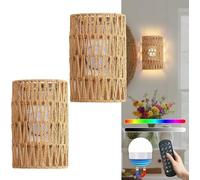 Appliques murales d'intérieur sans fil RVB à intensité variable avec télécommande E27 Boho rotin Lampe de chevet vintage en bambou Lampe sans prise électrique pour salon chambre à coucher (2 pcs)