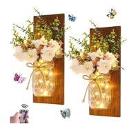 Appliques murales en pot Mason 2 pièces, bandes lumineuses LED avec fleur artificielle et panneau en bois