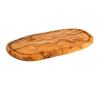 APS 1021 Planche à servir OLIVE, 34,5 x 18,5 cm, hauteur 2 cm, avec rainure à jus, bois d'olivier, variations naturelles de forme, de veinure et de taille