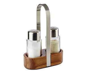 APS 40435 Menage poivre et sel "Wood", transparent/marron, acier inoxydable 18/8/verre/bois, 5,5 cm x 11,5 cm x 17 cm