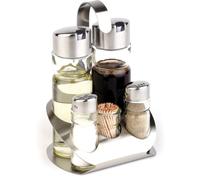 APS 40480 Ménage PRO, 13 x 11 cm, hauteur 19 cm, ensemble comprenant : bouteille à vinaigre et à huile, salière et poivrière, distributeur de cure-dents, support en acier inoxydable (polissage mat)