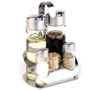 APS 40480 Ménage PRO, 13 x 11 cm, hauteur 19 cm, ensemble comprenant : bouteille à vinaigre et à huile, salière et poivrière, distributeur de cure-dents, support en acier inoxydable (polissage mat)
