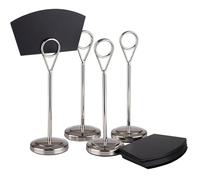 APS 71513 Lot de 4 porte-cartes de table, porte-cartes, porte-photos, avec 20 cartes d'inscription noires en polypropylène (10 x 6 cm), Ø 5 cm, hauteur 15,5 cm, acier inoxydable poli miroir