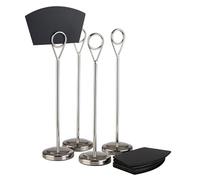 APS 71516 Lot de 4 porte-cartes de table, porte-cartes, porte-photos, avec 20 cartes d'inscription noires en polypropylène (10 x 6 cm), Ø 5 cm, hauteur 20,5 cm, acier inoxydable poli miroir