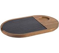 APS planche de service, 2-pièces, 28 x 17,5 cm, talon Ø 5 cm, planche en bois rustique, planche à découper en bois d'acacia, planche en bois avec plaque en ardoise naturelle