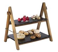 APS Présentoir à 2 niveaux en bois d'acacia avec deux plateaux en ardoise - Pliable et lavable - Convient également pour les aliments froids et le refroidissement