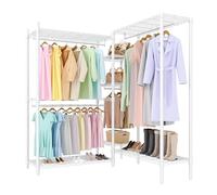 Aptliton Lot de 3 porte-vêtements en forme de L, armoire-penderie en métal blanc avec 2 étagères et 3 tringles à vêtements, penderie d'angle, 225 x 45 x 180 cm, penderie ouverte pour dressing