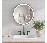 AQUALAVOS Miroir de salle de bain LED rond 60 cm avec horloge numérique et miroir grossissant 3 fois, blanc froid 6400 K, intensité variable, anti-buée, fonction mémoire tactile, aluminium noir mat