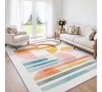 Aquarelle Abstraite 80x150 cm Tapis Salon Beige Clair Lavable en Machine | Doux Antidérapant Bauhaus Géométrique Rayures en Arc Color Block Tapis Chambre Adulte Salle a Manger Descente de Lit Bureau