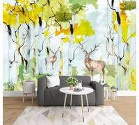 Aquarelle Bande Dessinée Abstrait Forêt Élan Papier Peint 3D Installation Facile Intissé Tapisserie Bureau Salon Canapé Chambre Décoration Murale-150cm×105cm
