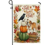 Aquarelle - Bulldog d'automne - Drapeaux de jardin verticaux - 30,5 x 45,7 cm - Double face pour l'extérieur, livre de citrouille d'automne, petits drapeaux de pelouse, décoration d'intérieur et