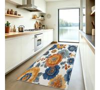 Aquarelle Floral Tapis de Couloir Lavable en Machine, Botanique Feuilles Tapis Poil Ras, Blanc Bleu Moquette Antidérapant Doux pour Entrée Cuisine Chambre Salon, 80x300 cm