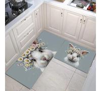 Aquarelle Minimaliste Lot de 2 Tapis Cuisine antidérapants lavables, Lapin Mignon avec Une Couronne Marguerites Tapis de Cuisine, Gris Clair - 43x75+43x150cm