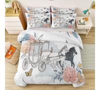 Aquarelle Onirique Housse de Couette 140 x 200 cm, Fleurs Calèche Papillon Parure de Lit avec Taie d'oreiller, Blanc Rose Nude Douce Microfibre Parure de Lit, Enfant Garçon Fille
