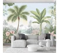 Aquarelle Papier Peint Panoramique 3D 200L x 140H cm, Vintage Forêt Tropicale Palmier Floral Papier Peint Intissé - Vert Sauge Fresque Murale Photo Moderne pour Salon Chambre d'enfant Fond TV