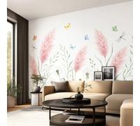 Aquarellee Botanique Papier Peint Panoramique Herbe de Pampas Floral Papillon，Papier Peint Intissé 300 x 210 cm pour Salon Chambre Enfant Chambre Décoration Murale Poster Tableaux Photo Muraux
