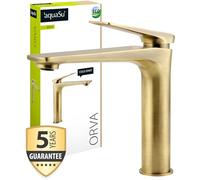 AquaSu® 795739 Orva Robinet de lavabo mi-hauteur en bronze avec buse mélangeur à économie d'eau, réglage de l'eau froide à faible coût, vanne à tige type 1 1/4", fixation de la tige