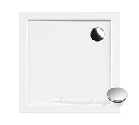 AQUAUNO Receveur de douche 90 x 90 cm avec surface lisse, plat 4 cm - Receveur de douche en composite SMC avec siphon avec couvercle chromé, drain de 90 mm, nettoyage par le haut, blanc