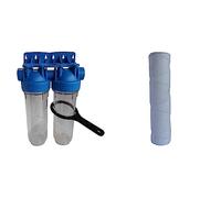 AQUAWATER - 104509 - Station filtre double nu avec e déserrage - Taille standard 10" - Raccordement F20/27 & 104975 - Cartouche filtrante anti-sédiments bobinée 20 microns