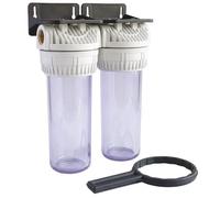 AQUAWATER - Station Double Filtre 107223 - Dimension Standard 9''3/4 - Pour Traitement d'Eau - Équerre de Fixation et e Desserrage Incluses - Blanc - Ø9.75 x 25 cm - Débit Max 1.5 m3/h