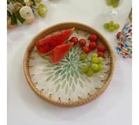 Aramox Assiette de Fruits en Rotin, Plateau de Service en Rotin tissé à la Main, Bord Rond de 30 Cm, pour Desserts aux Fruits, Présentation de Collations sur Table Basse, Salon de thé, Salon (Green)