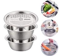 Aramox Broyeur de Légumes, Ensemble de Bassin en Acier Inoxydable Trancheuse de Légumes Fruits 28 X 19 X 12 Cm, Outil de Déchiquetage d'égouttage de Lavage 3 en 1 pour la Préparation des Repas de (3)