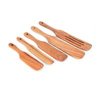 Aramox Lot de 5 Spatules à Steak en Bois de Teck pour Remuer, Tourner, Mélanger, Ustensiles Fendus et Solides, Gratter pour la Cuisine à la Maison