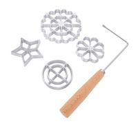 Aramox Moule à Rosette en Fer 5 Pièces, Poêle en Aluminium avec Manche en | Construction en Alliage D'aluminium, Manche en Bois de Hêtre, 4 Formes Uniques Rond étoile Flocon Fleur, Nettoyage Facile,