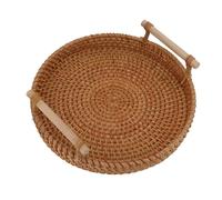 Aramox Plateau à Fruits en Rotin, Plateau de Service Rond tissé à la Main avec Poignées en Bois Massif, 22 24 28 Cm, Rangement Ouvert pour Pain, Collations, thé, Table Basse, Salon de thé (M)